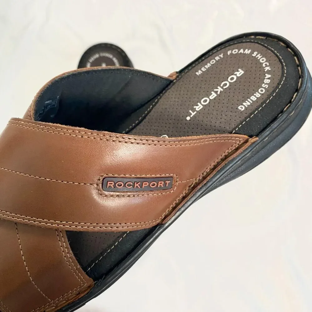 NEW Brown Leather Rockport Men's Darwyn Xband Sandals Size US Mens 9.5 WIDE